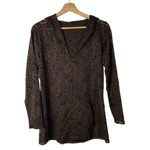 Boutique Dark Brown Lace Sheer Y2K Long Sleeve Hooded Top S